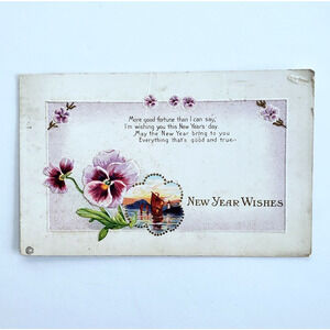 Antique Postcard New Year Victorian Embossed Purple Flowers Boat Sunset Vtg 1916